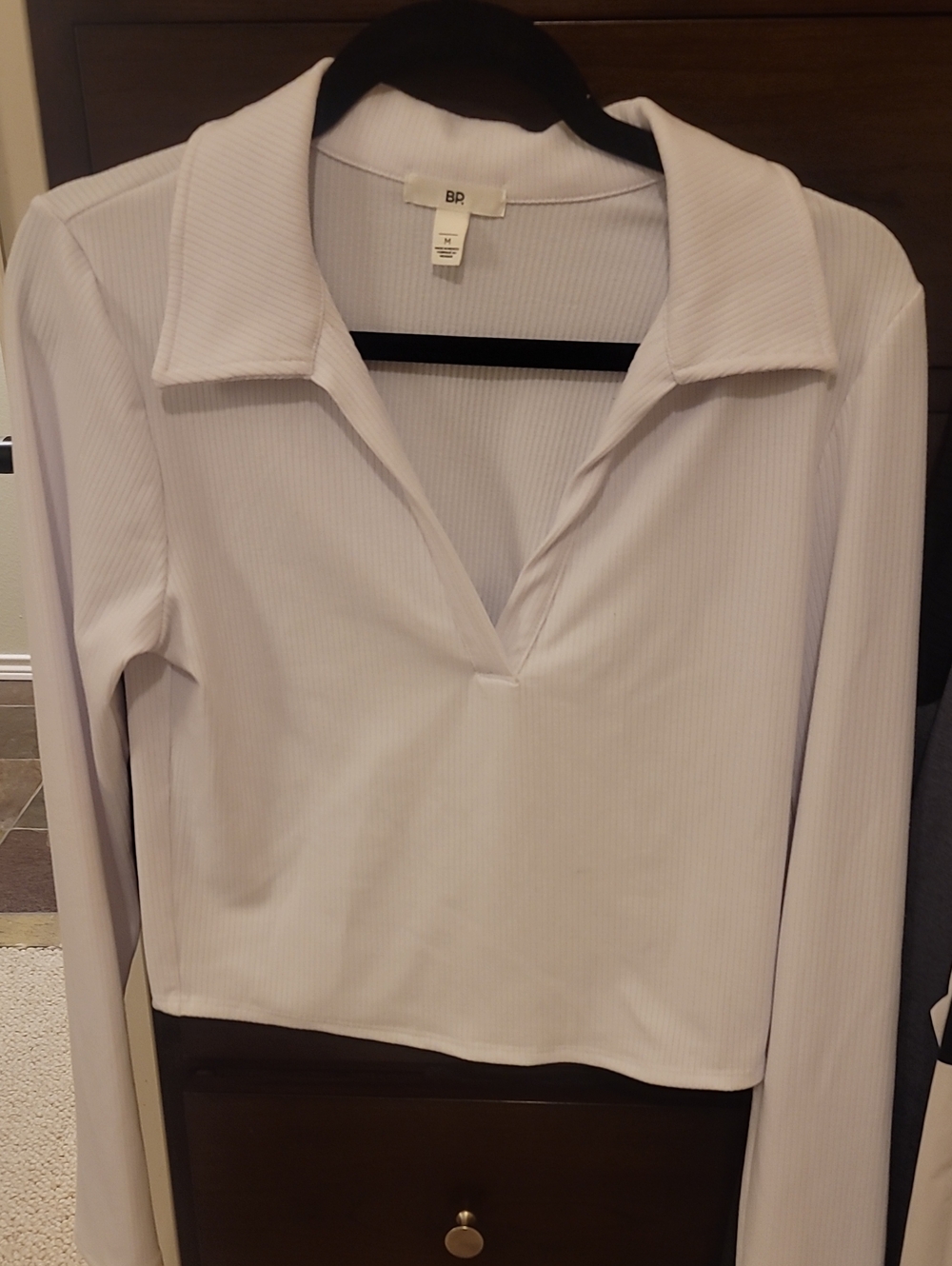 Womens BP White Solid Ribbed Knit Collared Long-Sleeve Pullover Top Size M